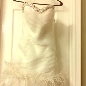 White strapless short cocktail dress with feathers